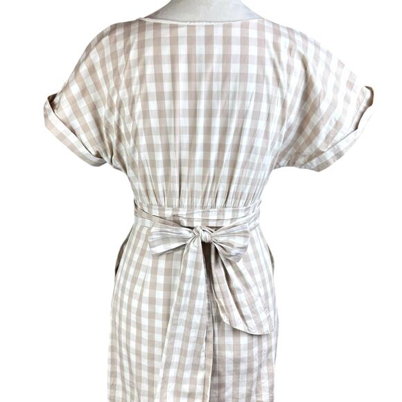Anthropologie HD in Paris Beige Neutral Cream Gingham Belted Poplin Sheath Dress - Picture 12 of 15